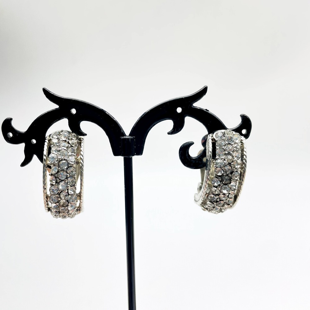 Vintage Clear Rhinestone Clip On Earrings Silver Tone Pave Half Hoop Statement
